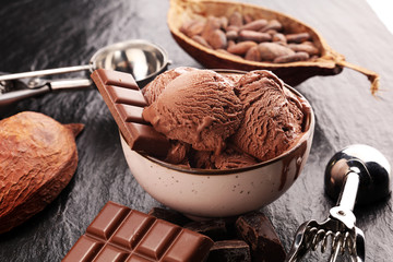 Chocolate coffee ice cream ball in a bowl. ice cream scoop