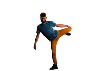 Fototapeta na wymiar Man perform dancing while stretching legs