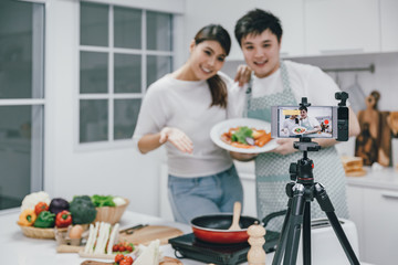 Vlogger and blogger cooking job concept