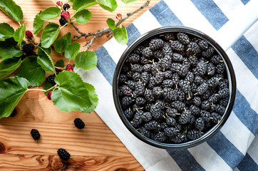 Black mulberries in the bowl on the wooden background, top view.