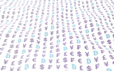 Bitcoin and currency on a white background. Digital crypto currency symbol. Wave effect, currency market fluctuations. Business concept. 3D illustration