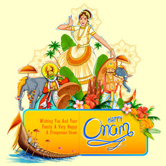 illustration of colorful Kathakali dancer on background for Happy Onam festival of South India Kerala