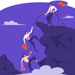 Business Leader Character Help Team Climb to Top of Rock with Hoisted Red Flag, Businessman with Rope Pull Teammates to Mountain Peak, Teamwork and Leadership Concept Cartoon Flat Vector Illustration