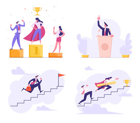 Candidate on Tribune Dispute Political Debates, Business People on Winner Podium, Super Hero Manager, Business Challenge, Race Upstairs, Goal Achievement, Office Life. Cartoon Flat Vector Illustration