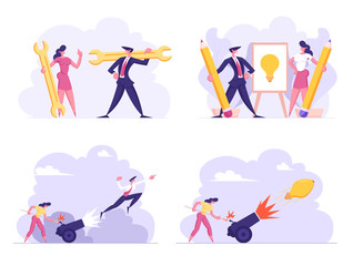 Business Idea, Technical Support, Start Up Concept Set. Woman Set on Fire Cannon with Businessman Flying Up. Career Growth, Goal Achievement, Leadership, Task Solution Cartoon Flat Vector Illustration