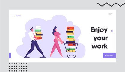 Businesswoman Pushing Shopping Cart Full of Documentation. Businessman Carry Big Heap of Documents Folders, Busy Office People Website Landing Page, Web Page. Cartoon Flat Vector Illustration, Banner