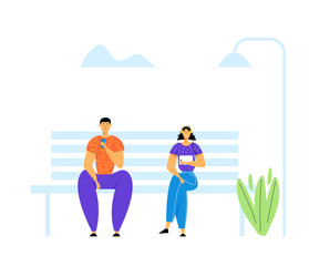 Young People Characters Using Gadgets, Chatting in Social Media Networks. Man and Woman Communicating with Mobile Devices, Laptop, Smartphone, Listening Music Online, Cartoon Flat Vector Illustration