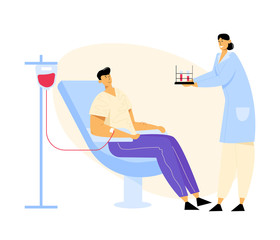 Man Donate Blood, Nurse Character Carrying Test Tubes with Lifeblood. Male Donor Sitting in Medical Chair. Healthcare, Charity. Transfusion, Donation Laboratory. Cartoon Flat Vector Illustration