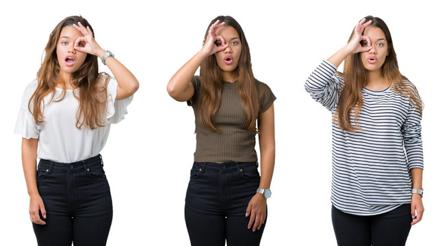Collage of beautiful young woman over isolated background doing ok gesture shocked with surprised face, eye looking through fingers. Unbelieving expression.