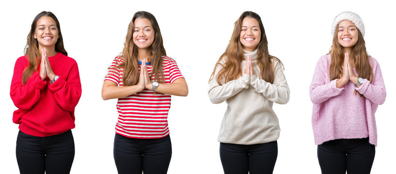 Collage of beautiful young woman over isolated background praying with hands together asking for forgiveness smiling confident.