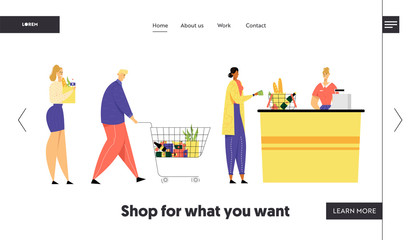 Customers Stand in Line at Grocery or Supermarket Turn with Goods in Shopping Trolley Put Buys on Cashier Desk for Paying, Sale Website Landing Page, Web Page. Cartoon Flat Vector Illustration, Banner