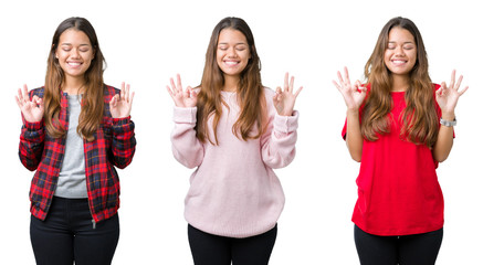 Collage of beautiful young woman over isolated background relax and smiling with eyes closed doing meditation gesture with fingers. Yoga concept.