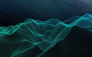 Abstract landscape on a dark background. Cyberspace grid. hi tech network. Outer space. Starry outer space texture. 3D illustration
