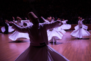 Semazen or Whirling Dervishes at Mevlana Culture Center in Konya, Turkey. April,20,2019