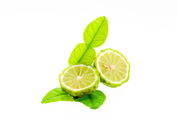 Bergamot fruit and leaves isolated on white background