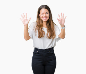 Young beautiful brunette business woman over isolated background showing and pointing up with fingers number ten while smiling confident and happy.