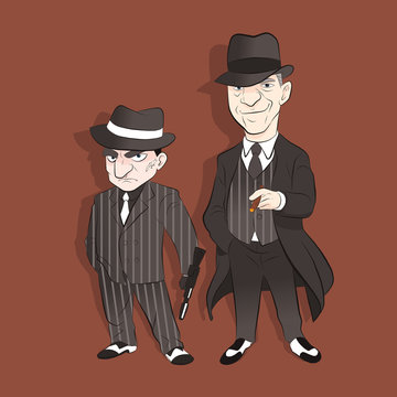Two mafia standing on brown background. wear hat and hold gun. vector illustration isolated cartoon hand drawn background