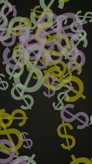 Multicolored translucent dollar signs on dark background. Green tones. 3D illustration
