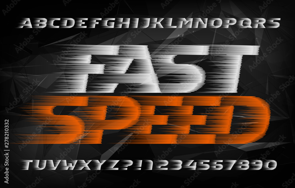 Fototapete fast speed alphabet font. wind effect type letters and numbers on dark polygonal background. stock v