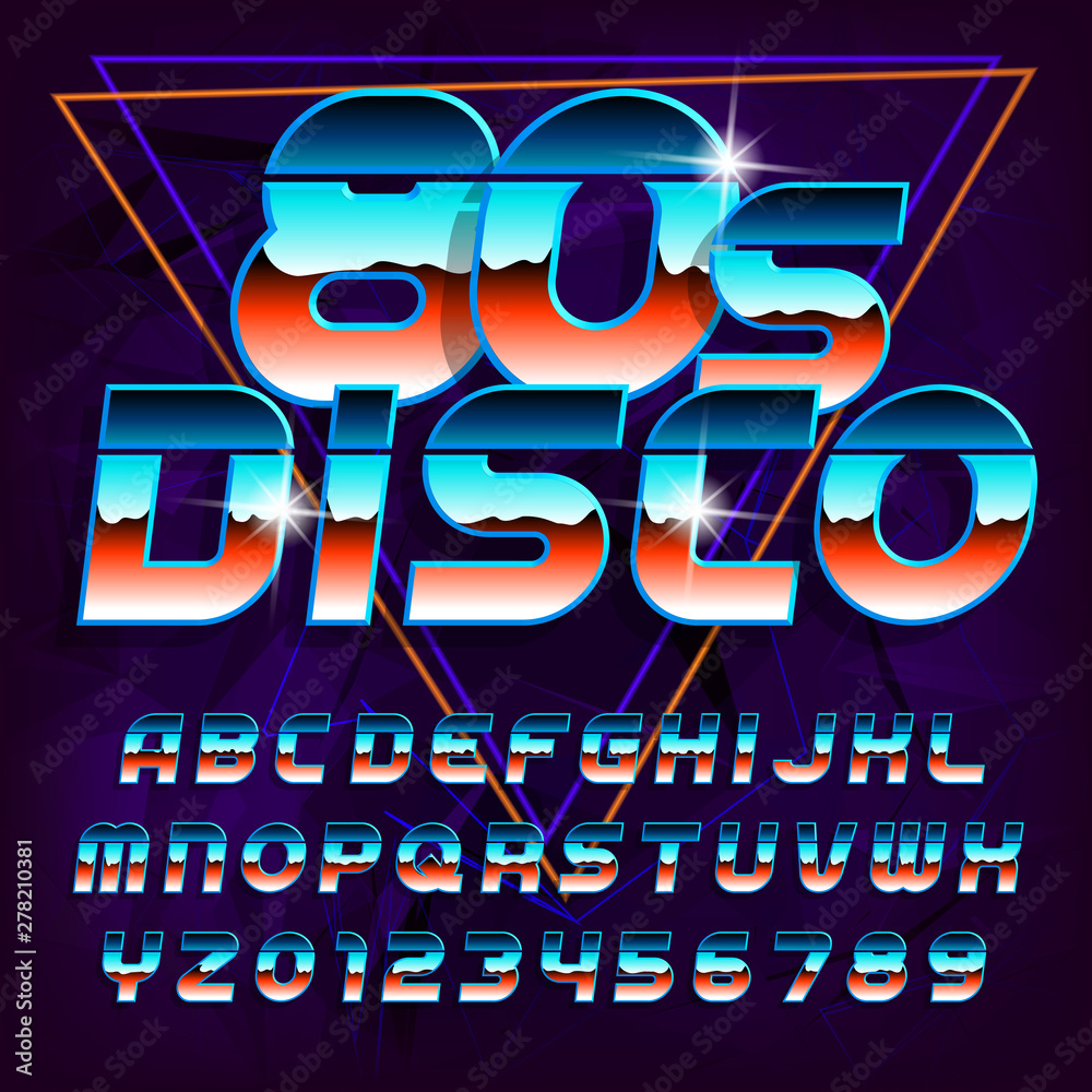 Fototapete 80s disco alphabet font. letters, numbers and symbols on abstract background. stock vector typeface 