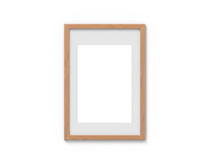 Vertical wooden frames mockup with a border hanging on the wall. Empty base for picture or text. 3D rendering.