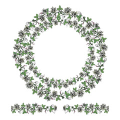  summer, round frame with space for text. Flowers and leaves of clover, painted green, pink and white. Clover for luck.