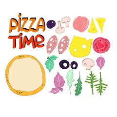 Food color illustration, pizza ingredients, set to advertise restaurant business, vector illustration