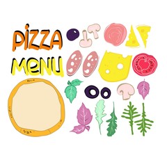 Food color illustration, pizza ingredients, set to advertise restaurant business, vector illustration