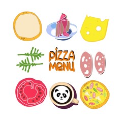 Set of color food drawings, for advertising restaurant, pizzeria, vector image