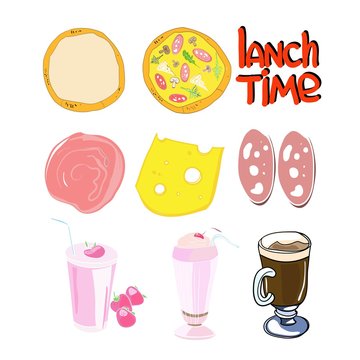 Set of color food drawings, for advertising restaurant, pizzeria, vector image