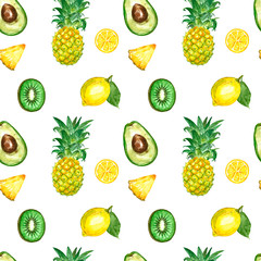 Seamless pattern with isolated watercolor summer exotic fruits - ripe pineapple, avocado, kiwi fruit, lemon, fruits slices