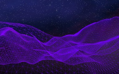 Abstract ultraviolet landscape on a dark background. Purple cyberspace grid. hi tech network. Outer space. Violet starry outer space texture. 3D illustration