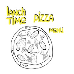 Linear food drawings, pizza ingredients, lettering pizza, set for restaurant business advertising