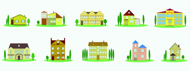 Set of vector isolated cottage houses on white background