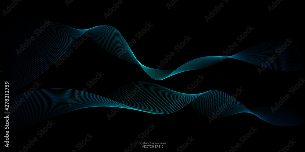 Poster Abstract vector wave line flowing green and blue color isolated on black background for design elements in concept technology, music, science, A.I.