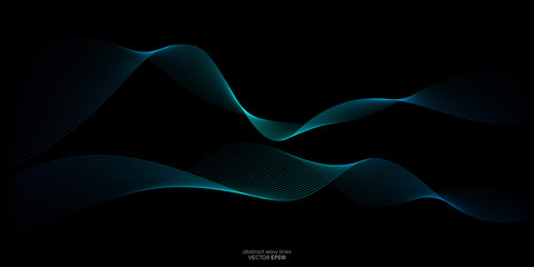 Abstract vector wave line flowing green and blue color isolated on black background for design elements in concept technology, music, science, A.I.