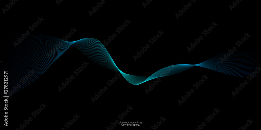 Poster Abstract vector wave line flowing green and blue color isolated on black background for design elements in concept technology, music, science, A.I.