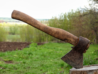 axe stuck in tree stump