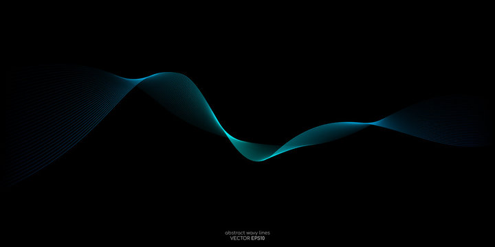 Abstract vector wave line flowing green and blue color isolated on black background for design elements in concept technology, music, science, A.I.