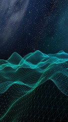 Abstract landscape on a dark background. Cyberspace grid. hi tech network. Outer space. Vertical orientation. Starry outer space texture. 3D illustration