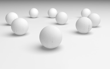 White abstract background. Set of white balls isolated on white backdrop. 3D illustration