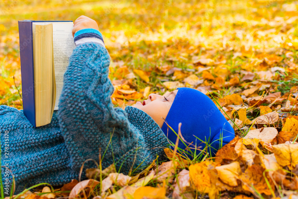 Wall mural boy is reading a book lying on the leaves in autumn