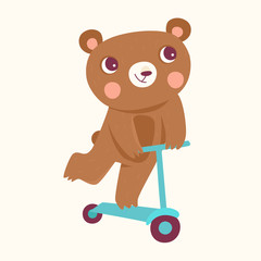 Vector cartoon illustration in simple childish style with bear riding scooter