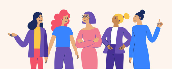 Vector illustration with female characters  - feminist movement and girl power concept  - stronger together happy diverse women - international women's day - obrazy, fototapety, plakaty