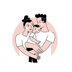 Vector illustration in trendy flat linear style - happy family and parenthood concept - happy mother and father with a baby