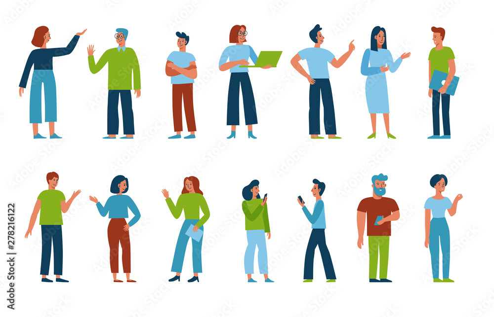 Poster vector set of cartoon characters in flat line style - men and women in different situations in offic
