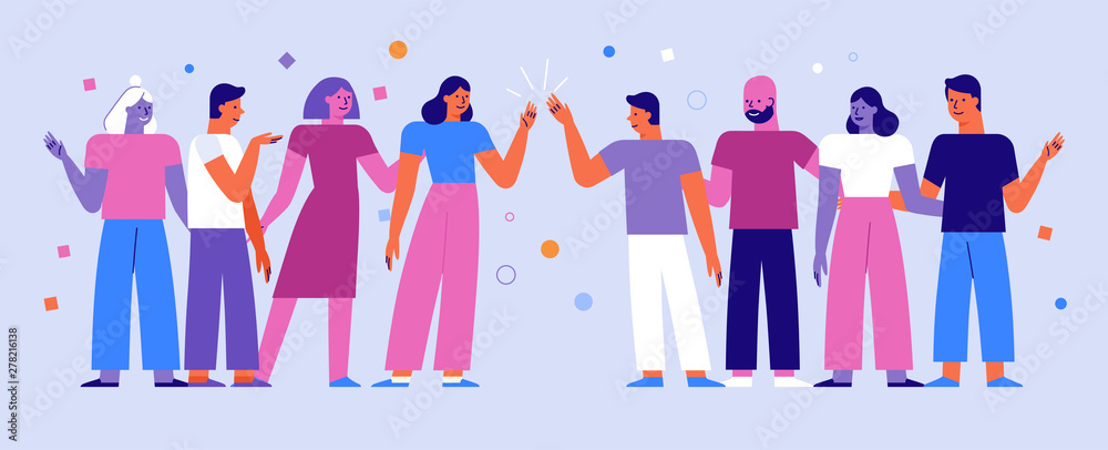 Poster vector set of cartoon characters in flat line style - business teamwork concept - men and women - de