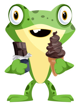 Cheerful baby frog eating candies, illustration, vector on white background.