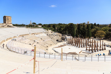 Panoramic view of Teatro Greco, Greek amphitheater in Siracusa, spring sunny day