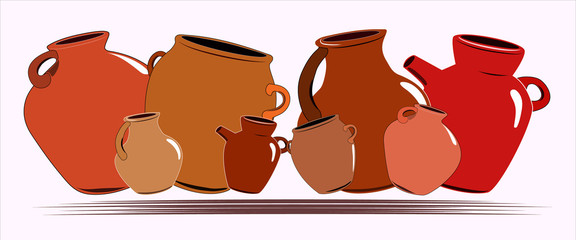 Flat drawing of ceramic jugs. Tableware for drinks. Ceramic jug. Isolated, white. Vector